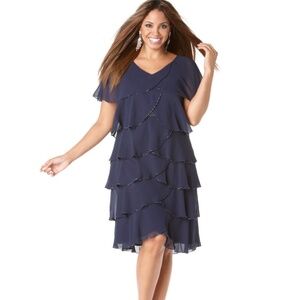 Patra Navy Chiffon Tiered Beaded Pull-On Dress Sz. 12